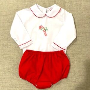 The Smocking Place Christmas candy cane and holly top & bloomer set, 3T 🎄